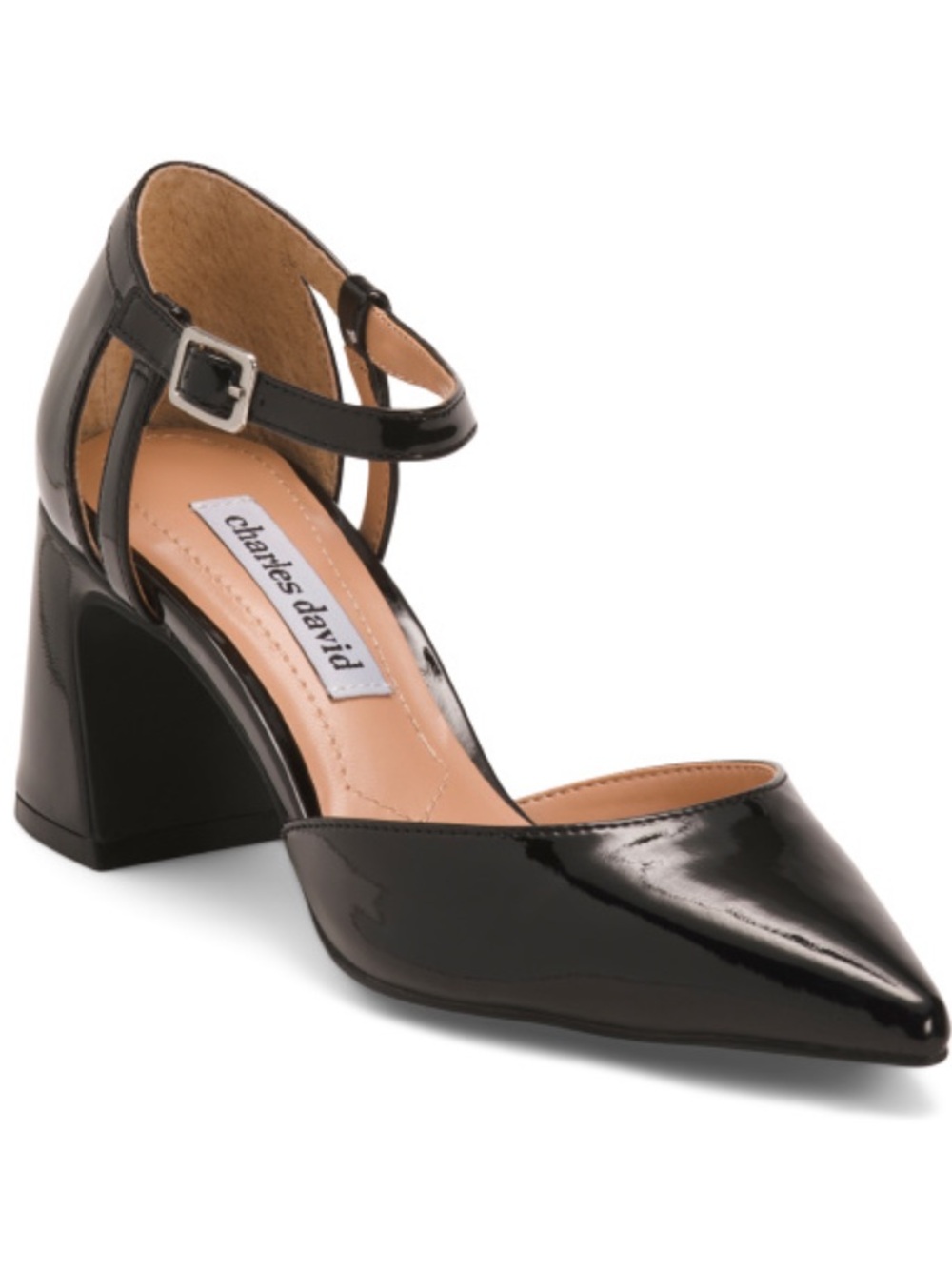 Charles David Black Patent Pointed Ankle-Strap Block Heel